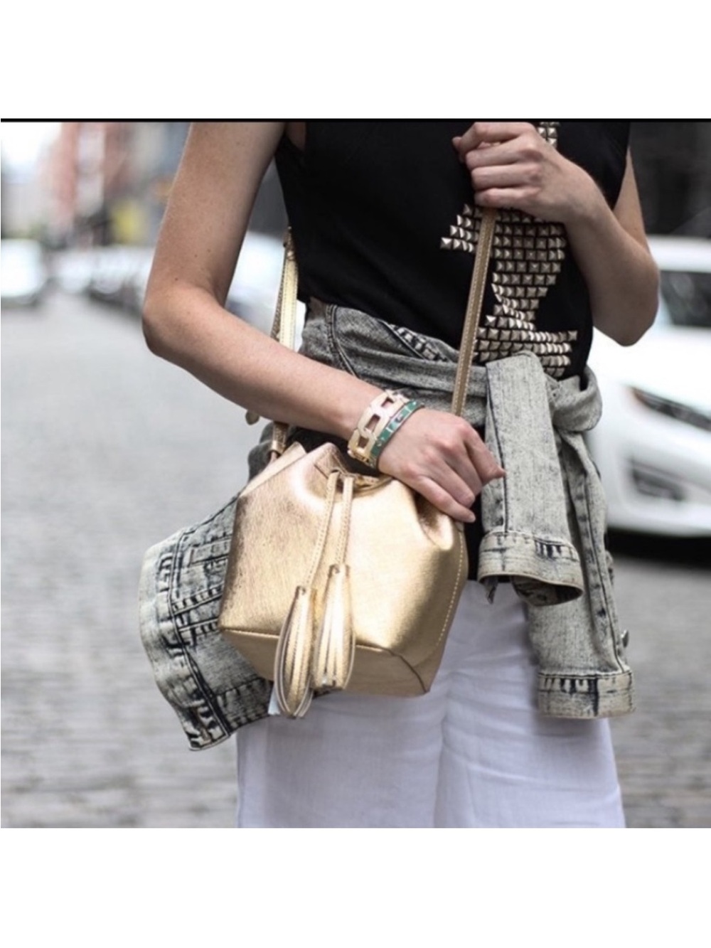 J. CREW Metallic Gold Leather Tassel Bucket Bag